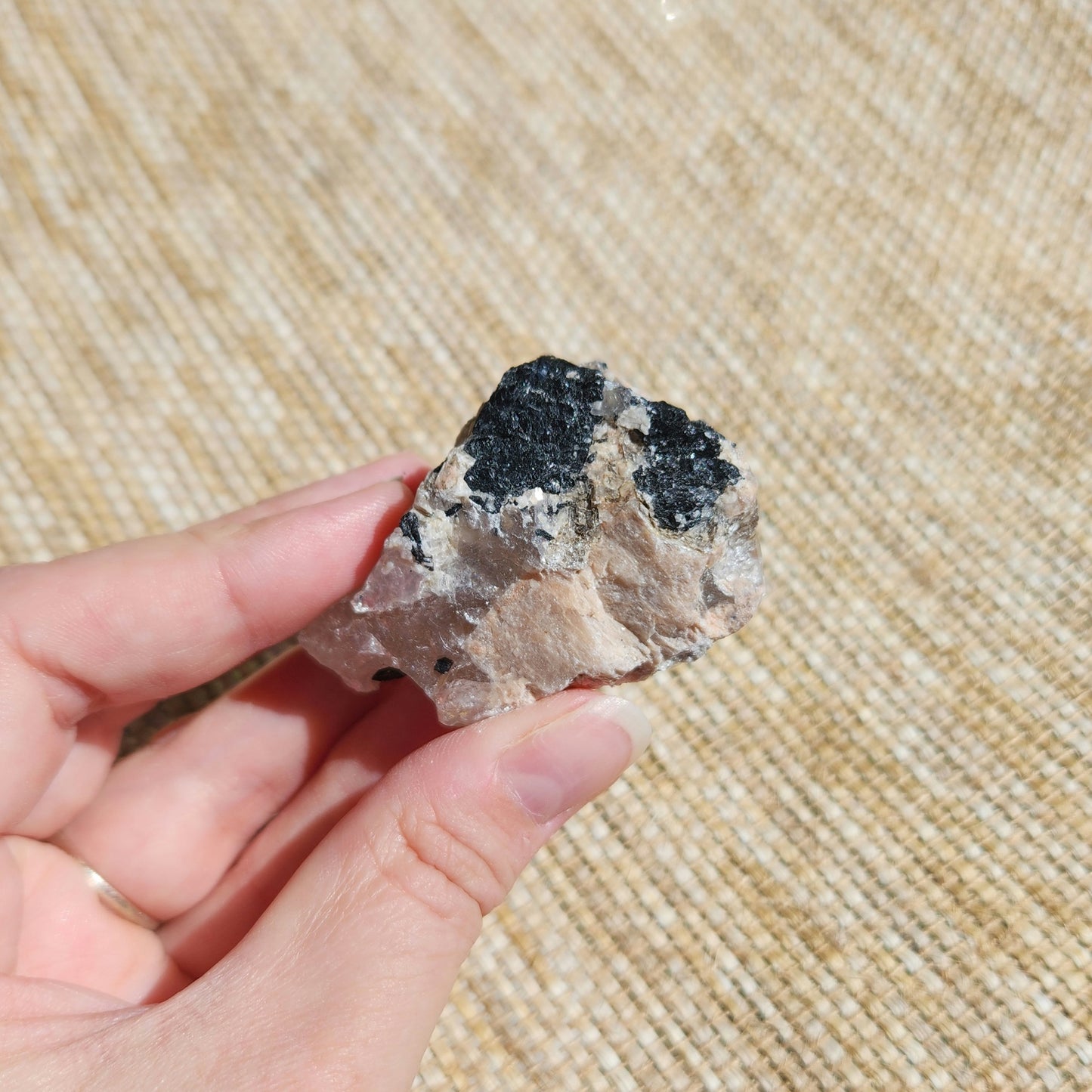 Black Tourmaline in Peach Moonstone Rough