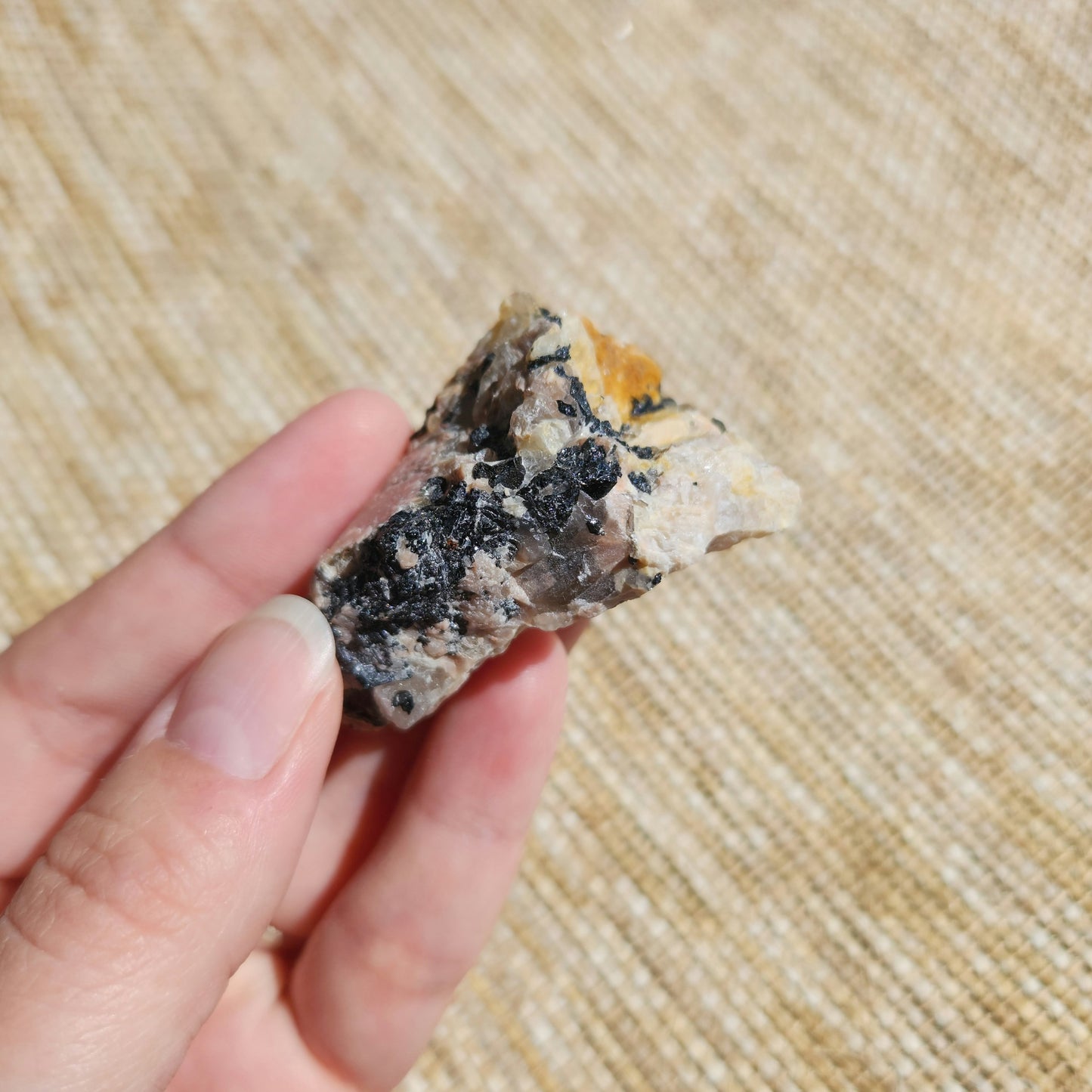 Black Tourmaline in Peach Moonstone Rough