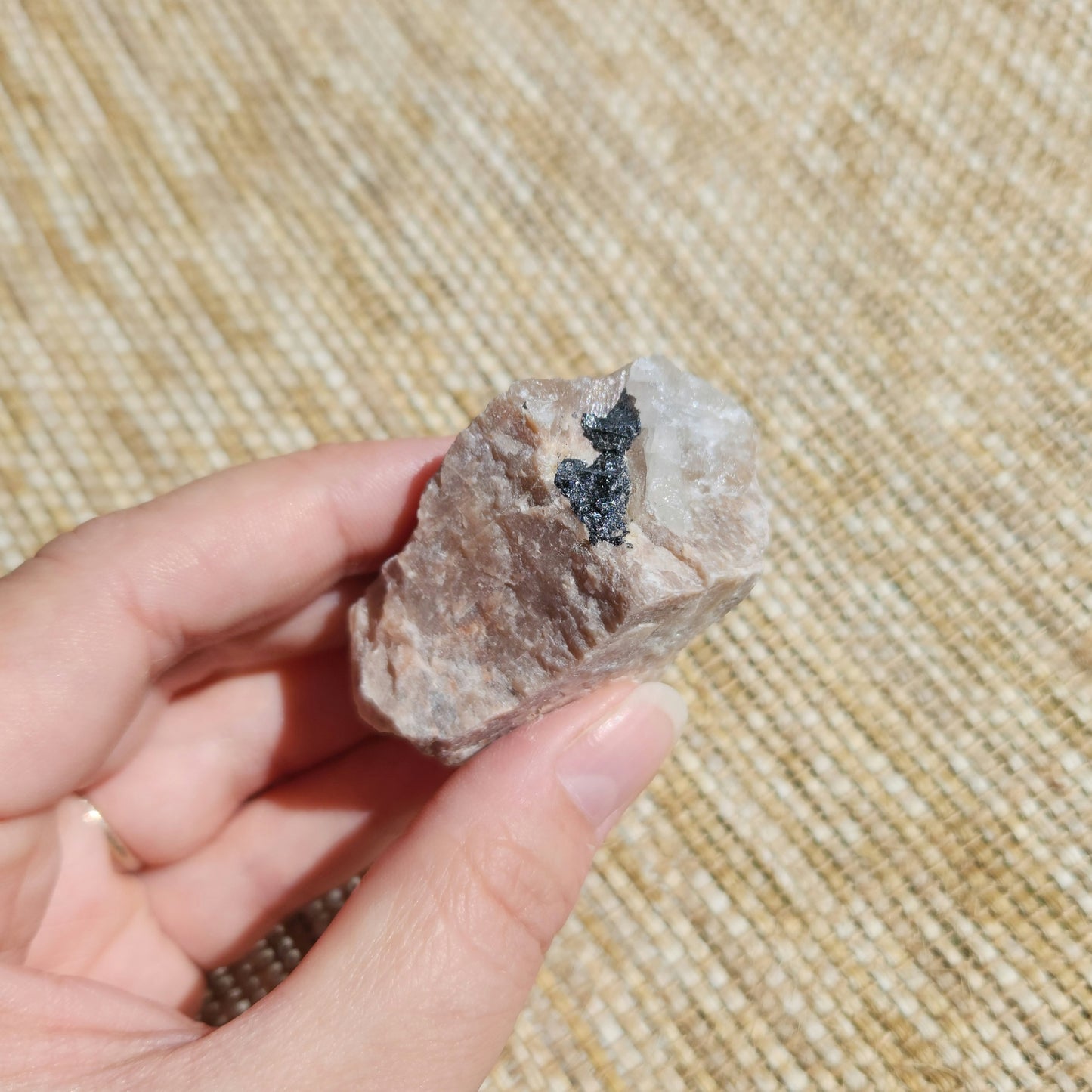 Black Tourmaline in Peach Moonstone Rough