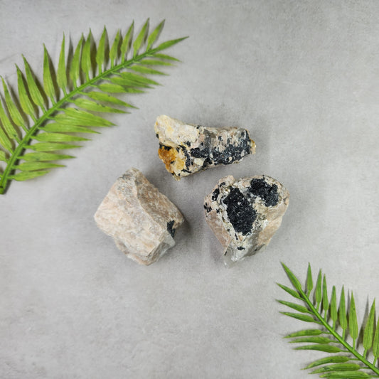 Black Tourmaline in Peach Moonstone Rough