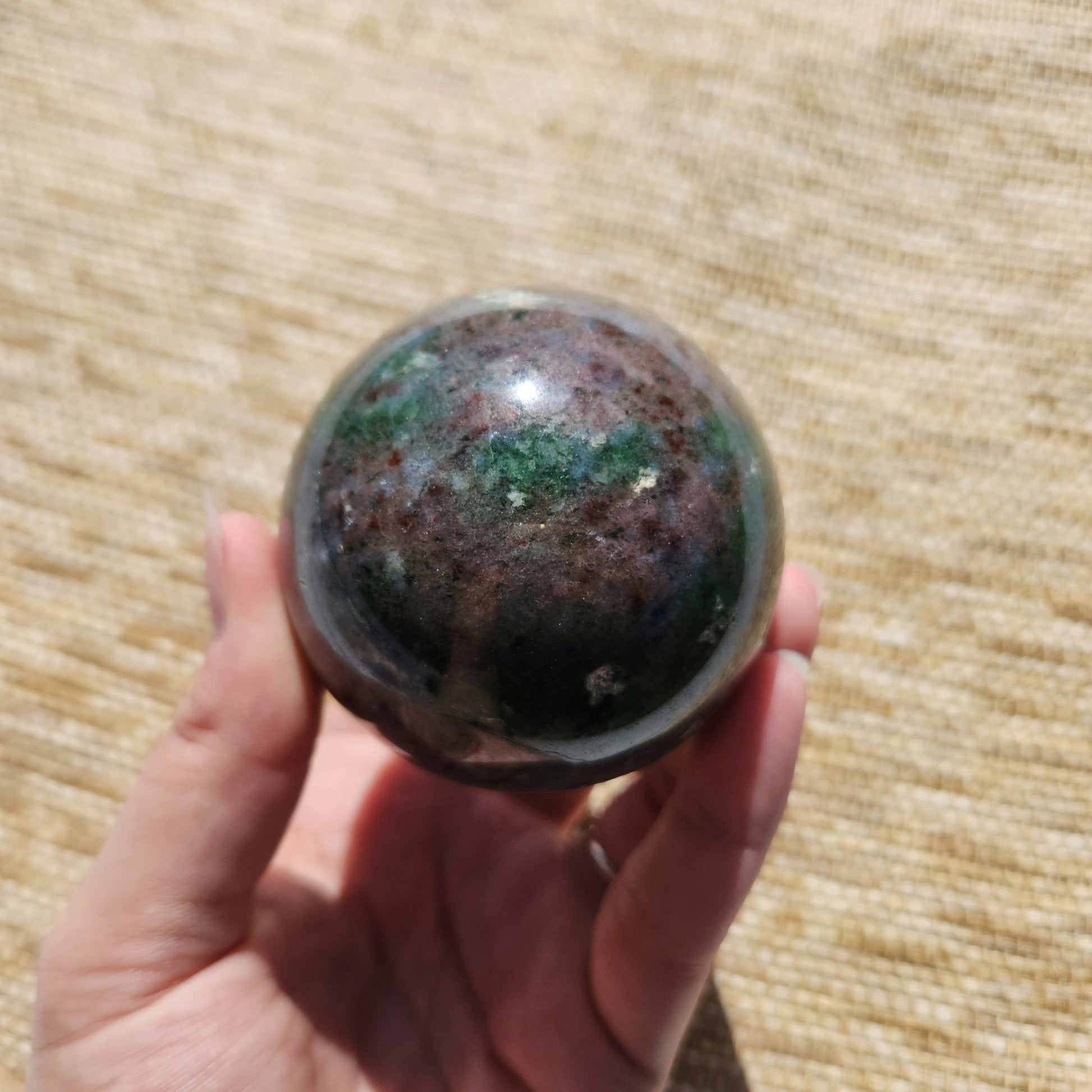 Fuchsite and Garnet Sphere 490g