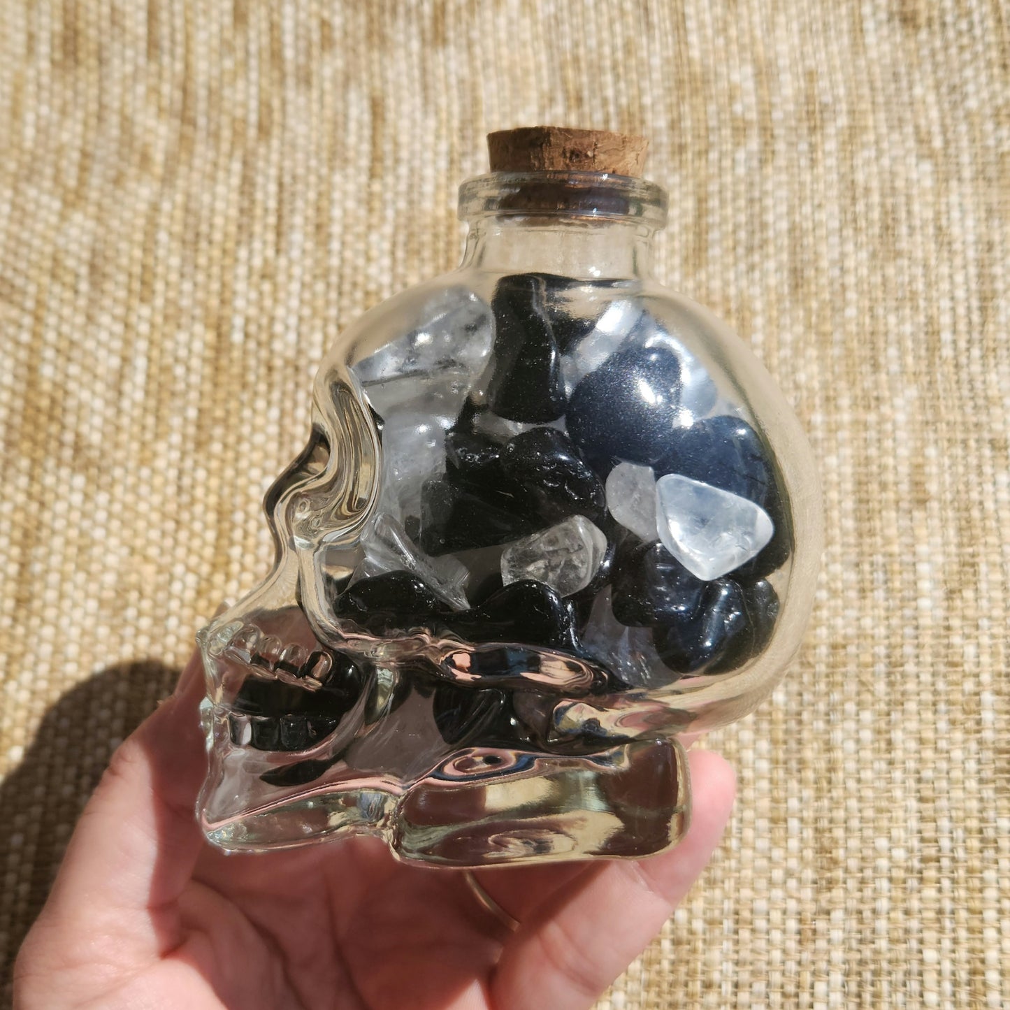 Skull Jar with Black Obsidian and Clear Quartz Mini Tumbles