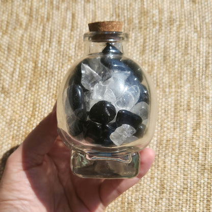 Skull Jar with Black Obsidian and Clear Quartz Mini Tumbles