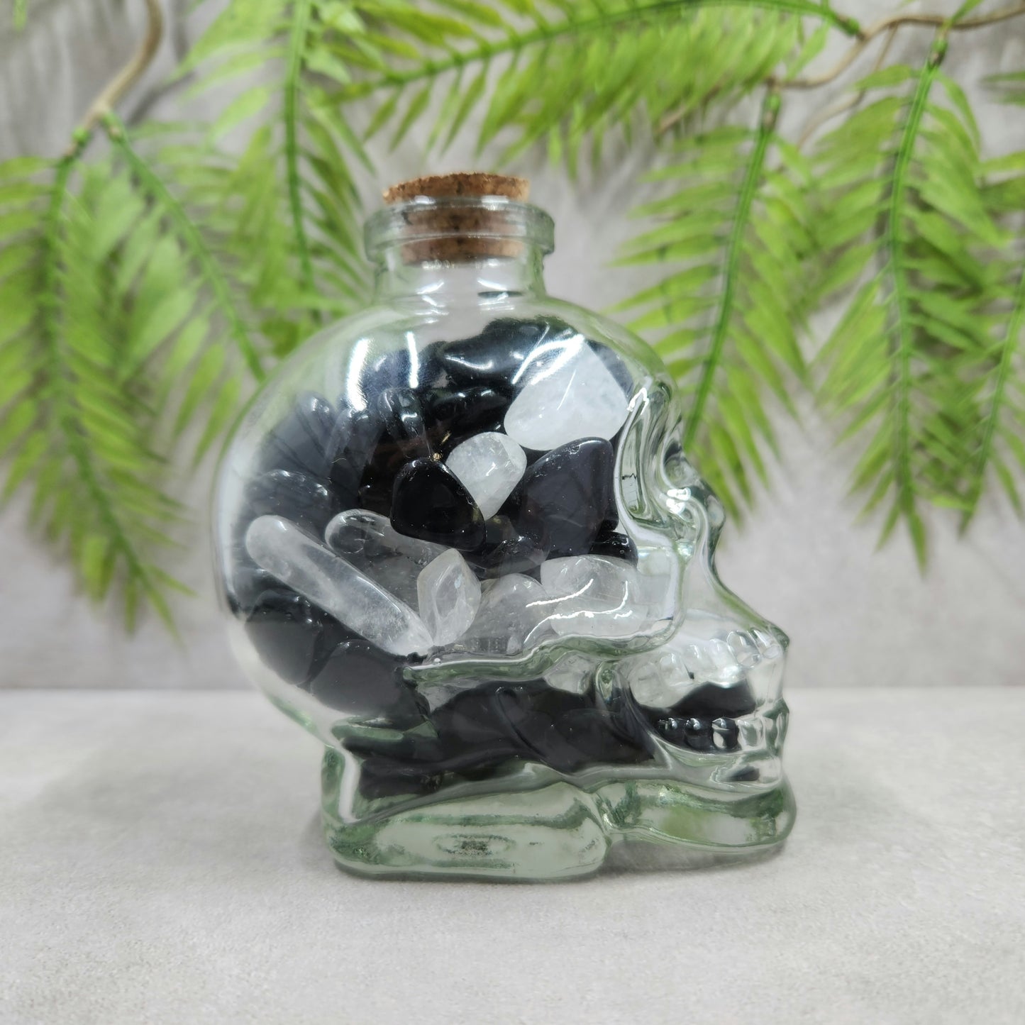 Skull Jar with Black Obsidian and Clear Quartz Mini Tumbles