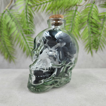 Skull Jar with Black Obsidian and Clear Quartz Mini Tumbles