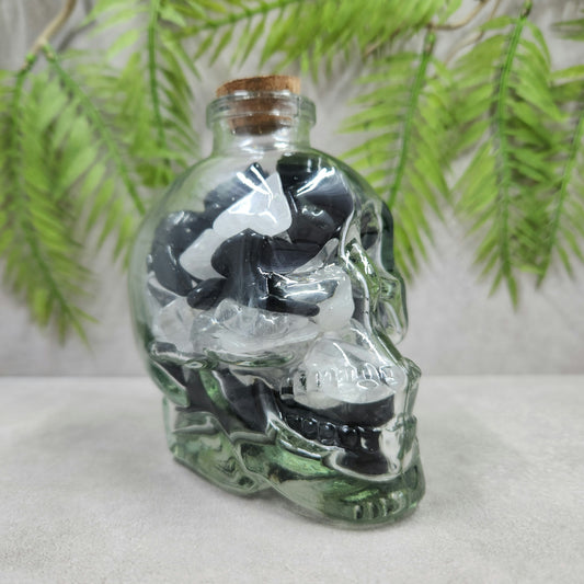 Skull Jar with Black Obsidian and Clear Quartz Mini Tumbles