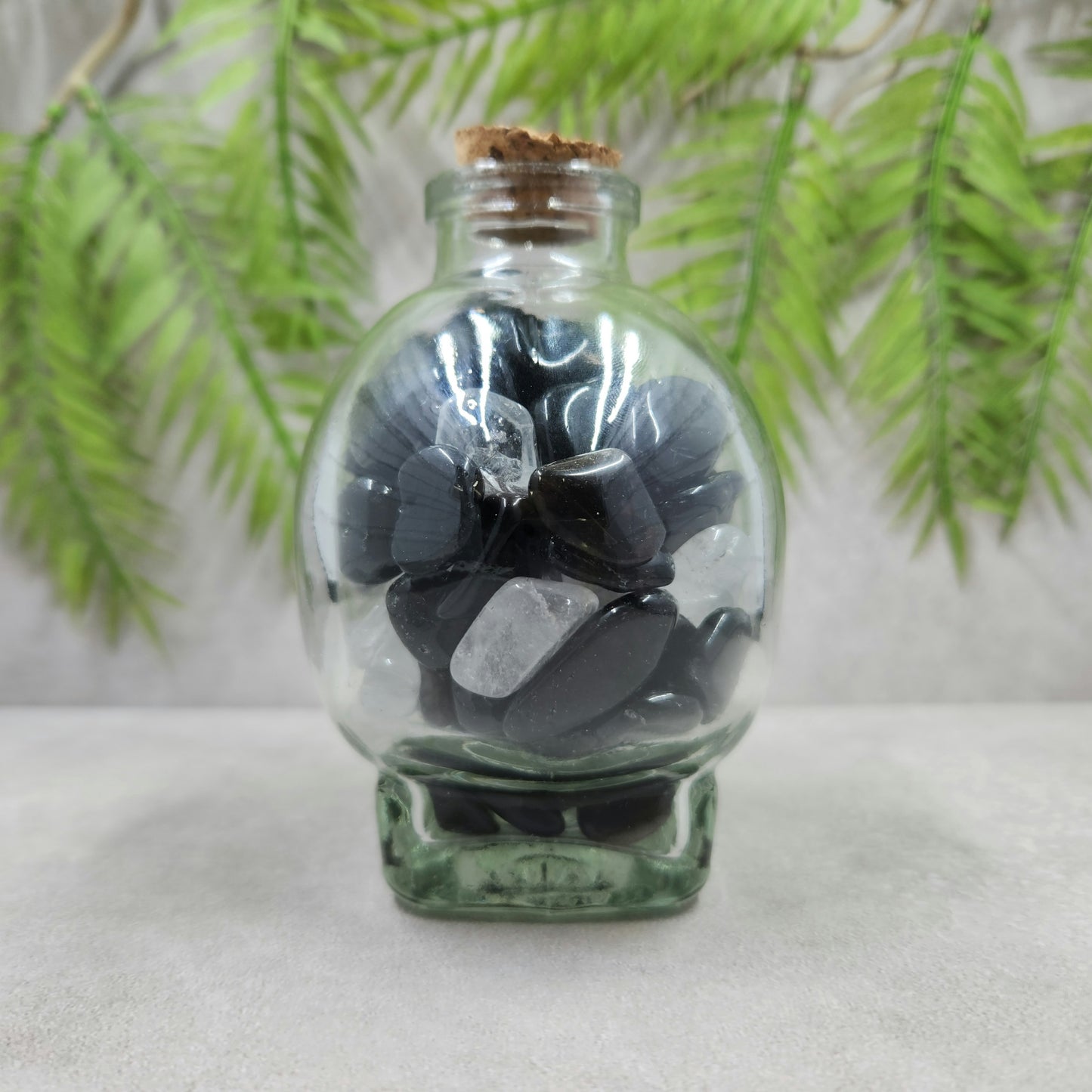 Skull Jar with Black Obsidian and Clear Quartz Mini Tumbles